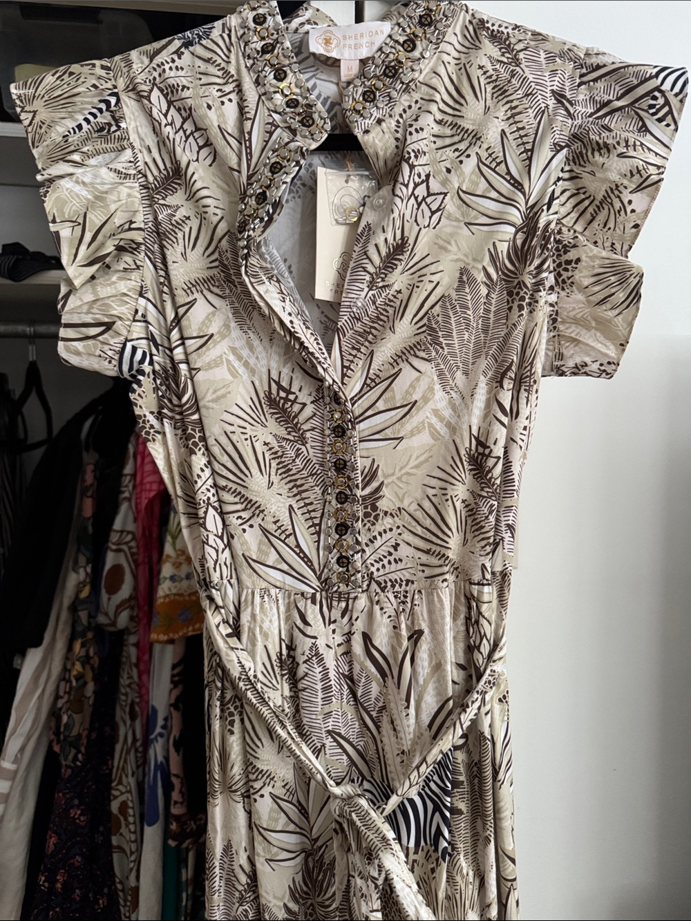 Sheridan French Cream and Brown Maxi Dress with Embellished Collar